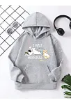 Çocuk Unisex Kapüşonlu Kedicik Baskılı Pamuklu Sweatshirt - Gri
