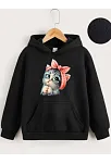 Çocuk Unisex Kapüşonlu Tatlı Kedi Baskılı Sweatshirt - Siyah