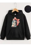 Çocuk Unisex Kapüşonlu Tatlı Kedi Baskılı Sweatshirt - Siyah