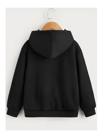 Çocuk Unisex Kapüşonlu Tatlı Kedi Baskılı Sweatshirt - Siyah