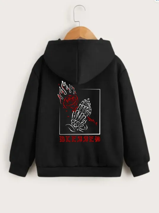 Çocuk Unisex Kapüşonlu Ön Ve Arka Blessed Baskılı Sweatshirt - Siyah