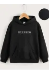 Çocuk Unisex Kapüşonlu Ön Ve Arka Blessed Baskılı Sweatshirt - Siyah
