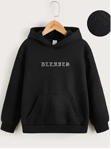 Çocuk Unisex Kapüşonlu Ön Ve Arka Blessed Baskılı Sweatshirt - Siyah