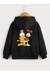 Çocuk Unisex Kapüşonlu Ön Ve Arka Garfield Baskılı Sweatshirt - Siyah