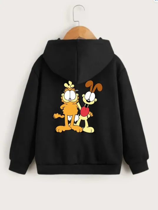 Çocuk Unisex Kapüşonlu Ön Ve Arka Garfield Baskılı Sweatshirt - Siyah
