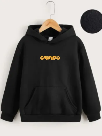 Çocuk Unisex Kapüşonlu Ön Ve Arka Garfield Baskılı Sweatshirt - Siyah