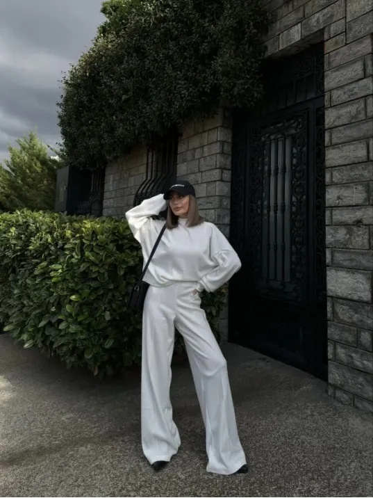 Crop, Pantolon Fitilli İkili Takım -Beyaz Crop, Pantolon Fitilli İkili Takım -Beyaz