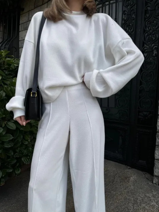 Crop, Pantolon Fitilli İkili Takım -Beyaz Crop, Pantolon Fitilli İkili Takım -Beyaz