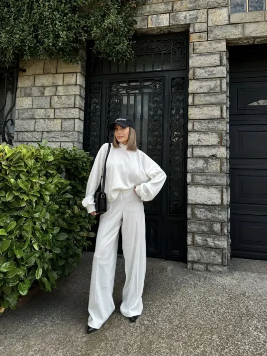 Crop, Pantolon Fitilli İkili Takım -Beyaz Crop, Pantolon Fitilli İkili Takım -Beyaz