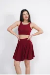 Sendy Kumaş Bisiklet Yaka Crop Şortlu Etek İkili Takım - Bordo