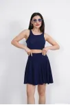 Sendy Kumaş Bisiklet Yaka Crop Şortlu Etek İkili Takım - Lacivert