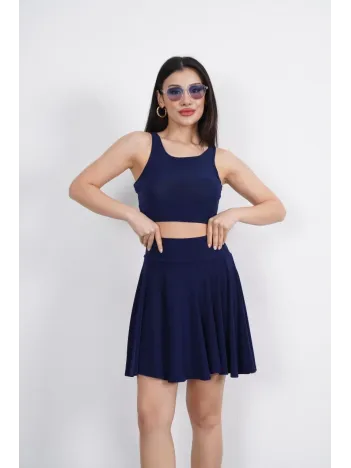 Sendy Kumaş Bisiklet Yaka Crop Şortlu Etek ikili Takım - Lacivert Sendy Kumaş Bisiklet Yaka Crop Şortlu Etek ikili Takım - Lacivert