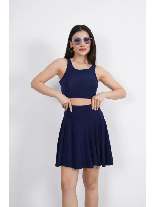 Sendy Kumaş Bisiklet Yaka Crop Şortlu Etek ikili Takım - Lacivert Sendy Kumaş Bisiklet Yaka Crop Şortlu Etek ikili Takım - Lacivert
