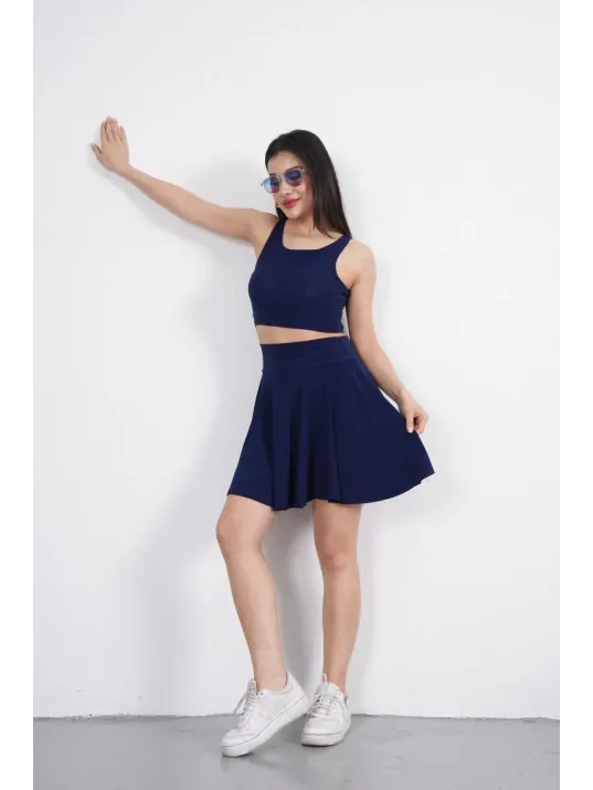 Sendy Kumaş Bisiklet Yaka Crop Şortlu Etek ikili Takım - Lacivert Sendy Kumaş Bisiklet Yaka Crop Şortlu Etek ikili Takım - Lacivert