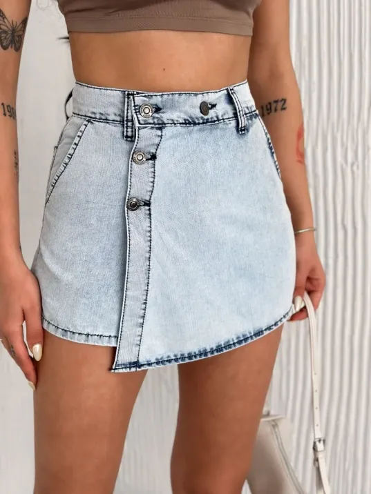 Kot Jeans Kesimetrik Kesim Cepli Şortlu Etek - Gri Kot Jeans Kesimetrik Kesim Cepli Şortlu Etek - Gri