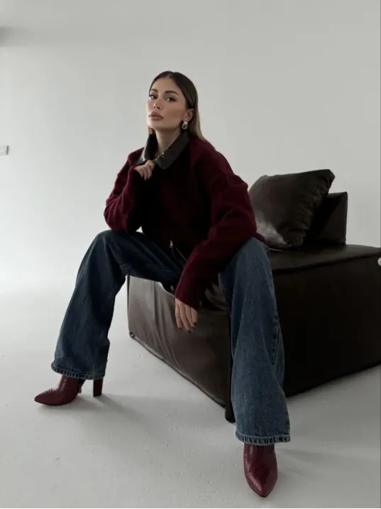 Deri Yakalı Pamuk dokulu Çift Taraflı Çalışan Fermuar Ceket - Bordo