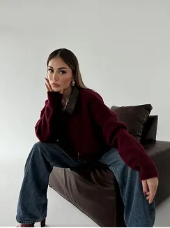 Deri Yakalı Pamuk Dokulu Çift Taraflı Çalışan Fermuar Ceket - Bordo