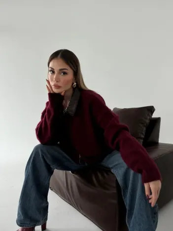 Deri Yakalı Pamuk Dokulu Çift Taraflı Çalışan Fermuar Ceket - Bordo