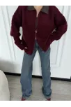 Deri Yakalı Pamuk Dokulu Çift Taraflı Çalışan Fermuar Ceket - Bordo