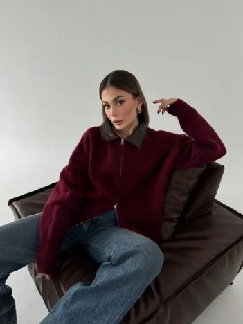 Deri Yakalı Pamuk dokulu Çift Taraflı Çalışan Fermuar Ceket - Bordo Deri Yakalı Pamuk dokulu Çift Taraflı Çalışan Fermuar Ceket - Bordo