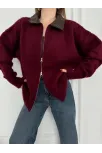 Deri Yakalı Pamuk Dokulu Çift Taraflı Çalışan Fermuar Ceket - Bordo