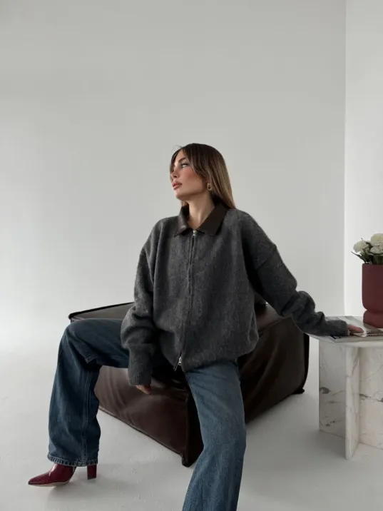 Deri Yakalı Pamuk dokulu Çift Taraflı Çalışan Fermuar Ceket - Füme Deri Yakalı Pamuk dokulu Çift Taraflı Çalışan Fermuar Ceket - Füme