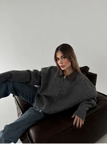 Deri Yakalı Pamuk Dokulu Çift Taraflı Çalışan Fermuar Ceket - Füme