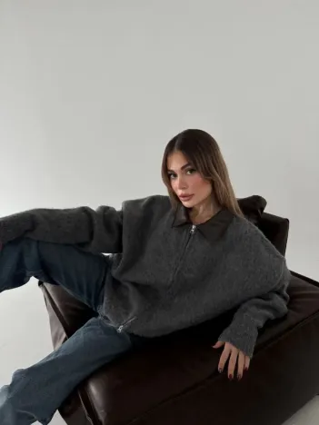 Deri Yakalı Pamuk dokulu Çift Taraflı Çalışan Fermuar Ceket - Füme Deri Yakalı Pamuk dokulu Çift Taraflı Çalışan Fermuar Ceket - Füme