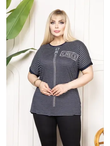 Kadın Büyük Beden Çizgili Taş Detaylı Kısa Kollu Likralı Viskon Tişört - Lacivert