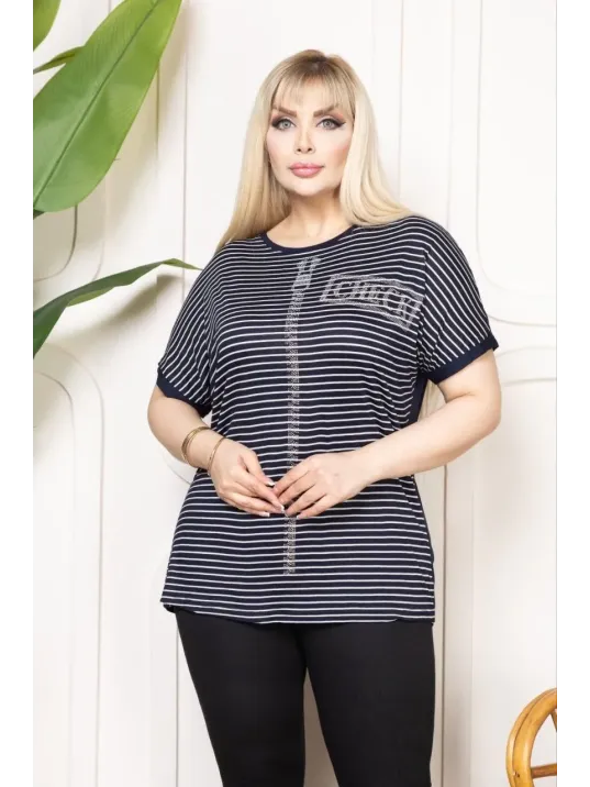 Kadın Büyük Beden Çizgili Taş Detaylı Kısa Kollu Likralı Viskon Tişört - Lacivert