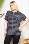 Kadın Büyük Beden Çizgili Taş Detaylı Kısa Kollu Likralı Viskon Tişört - Lacivert