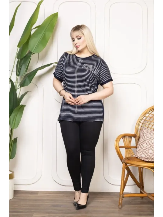 Kadın Büyük Beden Çizgili Taş Detaylı Kısa Kollu Likralı Viskon Tişört - Lacivert