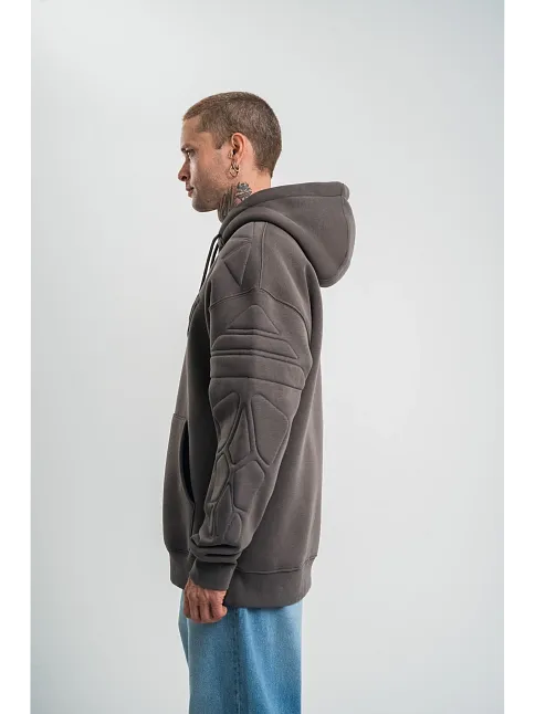 Erkek Nakış İşlemeli Kapşonlu Antrasit Sweatshirt Üç İplik Double Oversize- Füme