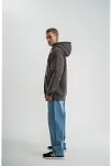 Erkek Nakış İşlemeli Kapşonlu Antrasit Sweatshirt Üç İplik Double Oversize- Füme
