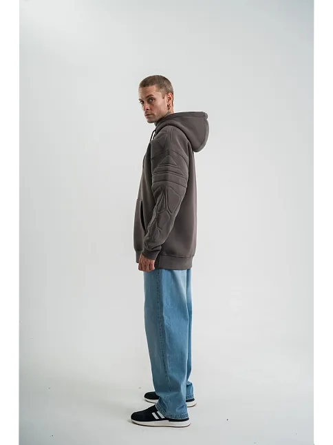 Erkek Nakış İşlemeli Kapşonlu Antrasit Sweatshirt Üç İplik Double Oversize- Füme