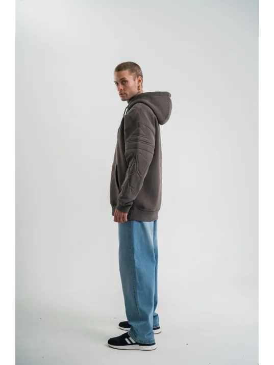 Double Oversize Kapşonlu Nakışlı SweatShirt - Füme