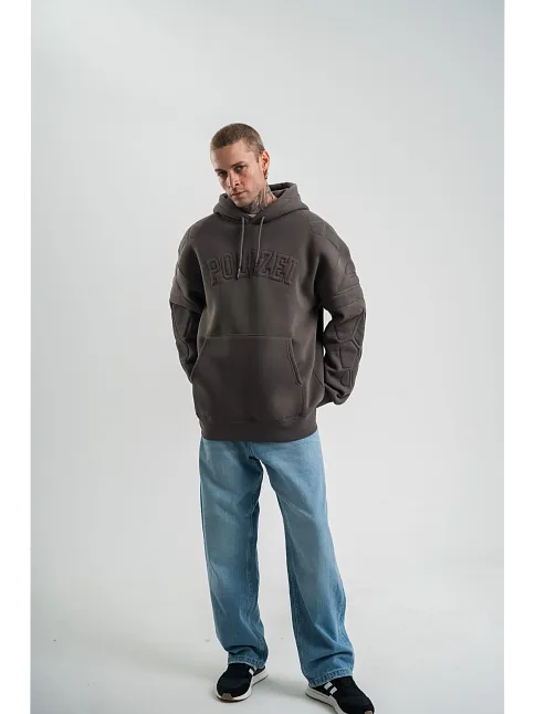 Erkek Nakış İşlemeli Kapşonlu Antrasit Sweatshirt Üç İplik Double Oversize- Füme