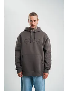 Erkek Nakış İşlemeli Kapşonlu Antrasit Sweatshirt Üç İplik Double Oversize- Füme