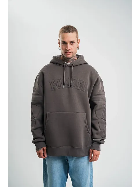 Erkek Nakış İşlemeli Kapşonlu Antrasit Sweatshirt Üç İplik Double Oversize- Füme
