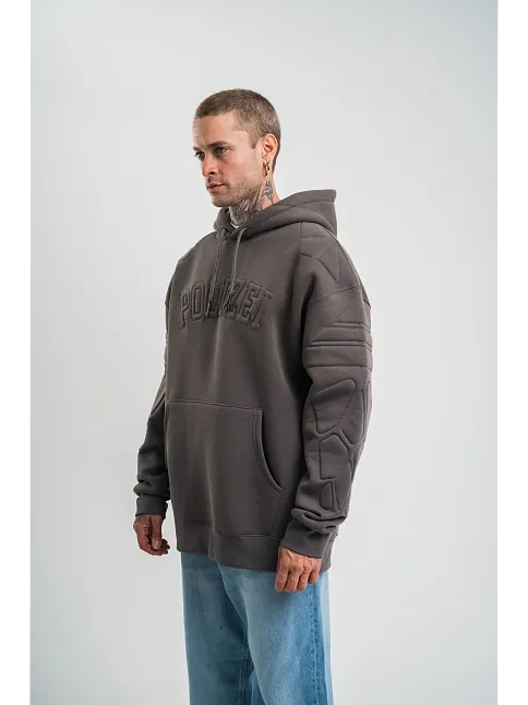 Erkek Nakış İşlemeli Kapşonlu Antrasit Sweatshirt Üç İplik Double Oversize- Füme