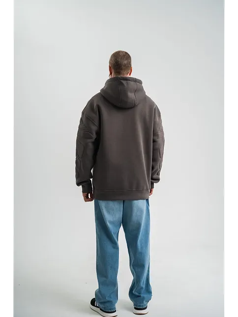 Erkek Nakış İşlemeli Kapşonlu Antrasit Sweatshirt Üç İplik Double Oversize- Füme