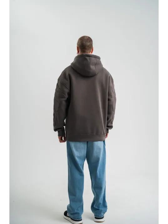 Double Oversize Kapşonlu Nakışlı SweatShirt - Füme
