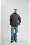 Erkek Nakış İşlemeli Kapşonlu Antrasit Sweatshirt Üç İplik Double Oversize- Füme