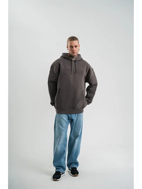 Erkek Nakış İşlemeli Kapşonlu Antrasit Sweatshirt Üç İplik Double Oversize- Füme