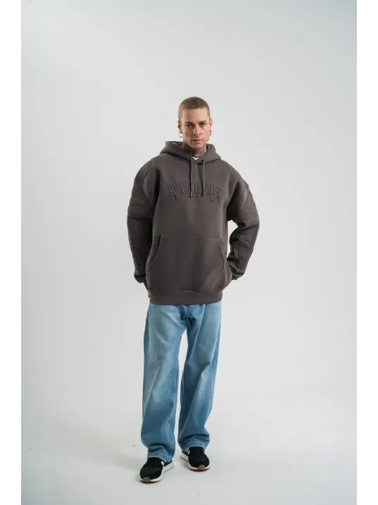 Double Oversize Kapşonlu Nakışlı SweatShirt - Füme