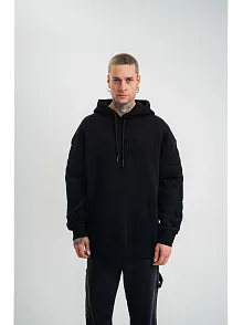 Double Oversize Kapşonlu Nakışlı Sweatshirt - Siyah