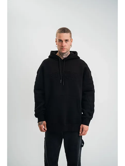 Double Oversize Kapşonlu Nakışlı Sweatshirt - Siyah