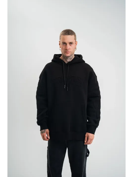 Double Oversize Kapşonlu Nakışlı Sweatshirt - Siyah