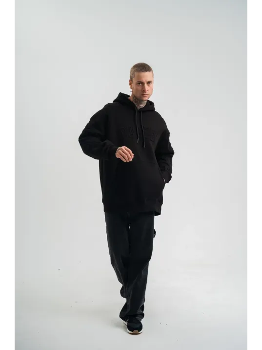 Double Oversize Kapşonlu Nakışlı Sweatshirt - Siyah