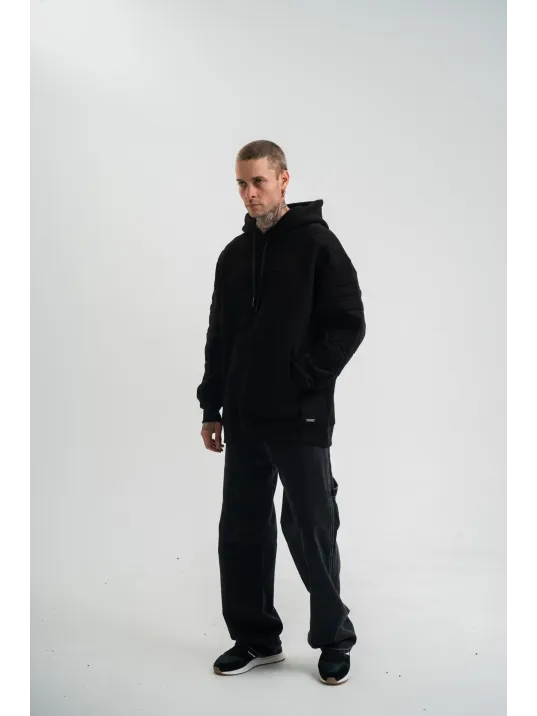 Double Oversize Kapşonlu Nakışlı Sweatshirt - Siyah